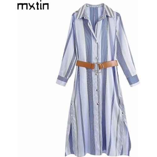 2021 Sprint Women With Belt Stripe Midi Dress Vintage Lapel Collar Single Breasted Long Sleeve Party Female Dresses Vestidos