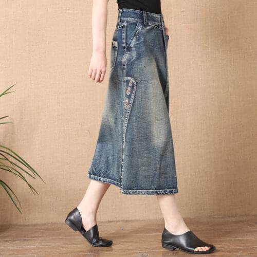 2021 Women Spring Casual Embroidery Denim Skirt Lady Loose Pockets High Waist A-line Skirts Female Vintage Plus Size Faldas K311