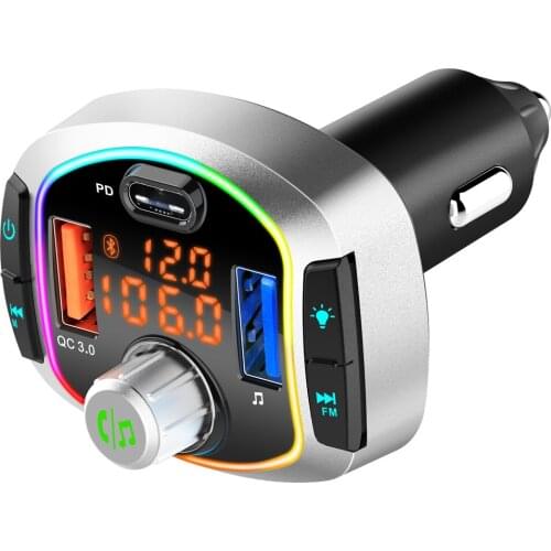 Bluetooth 5.0 Car Kit with Type-c PD18W USB QC3.0 Quick Charge Handsfree Wireless FM Transmitter Car MP3 Player Car Charger