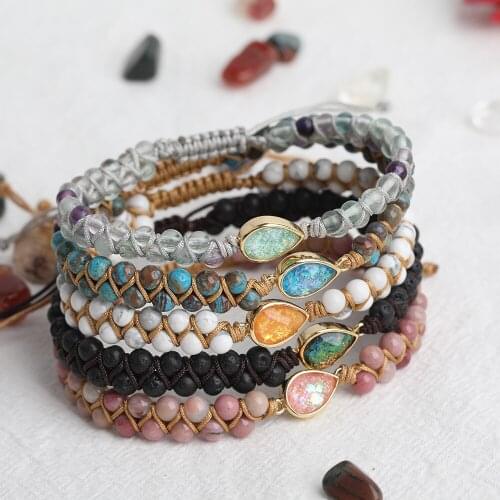 5Pcs/Lot Natural Stone Water Drop Charms Bracelet 4mm Rainbow Fluorite Rhodonite Stone Beads Knotted Woven Yoga Bracelet Jewelry