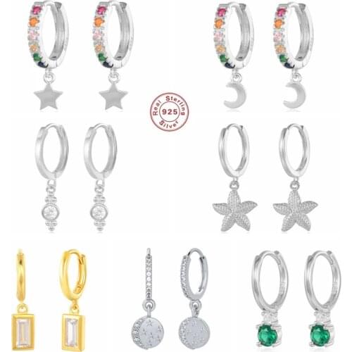 GS 925 Sterling Silver Rainbow Zircon CZ Star Moon Charm Dangle Earrings For Women Luxury Starfish Drop Earrings Pendiente