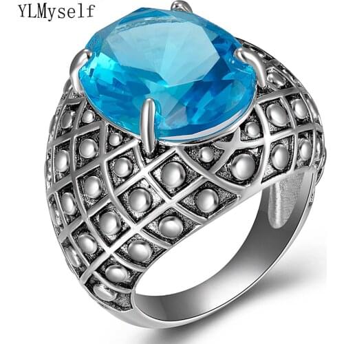 Hyperbole Big Ovel Blue Stone Ring Anti-Silver Color Fast delivery Copper Jewellery Finger Rings for women