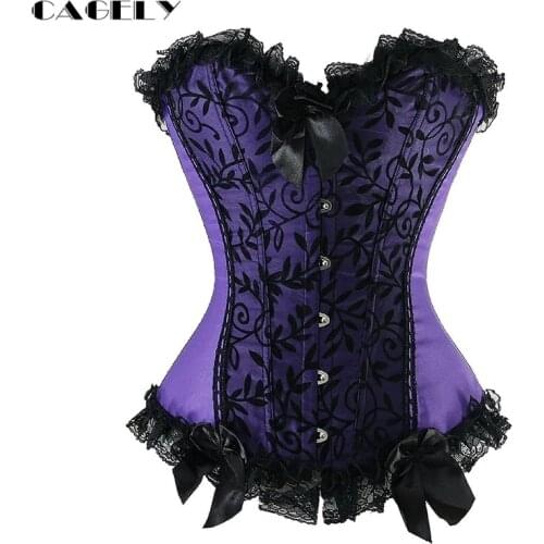 Lolita Corset Lace Falbala Trim Floral Lace Overlay Bustier Boned Overbust Corselet Steel-Busk Shaper Outfit Sexy Party Dress