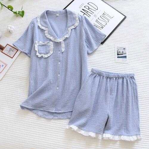Summer New Cotton 2PCS Womens Pajamas Set Cute Ruffles Bow Nightwear Turn-down Collar Shirt&Shorts Sleepwear Cute Homewear