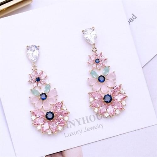 Fashion Bohemia Fancy Pink Crystal Flower Dangle Earrings for Women Luxury Sterling Silver Drops Earrings Rococo Style Jewelry