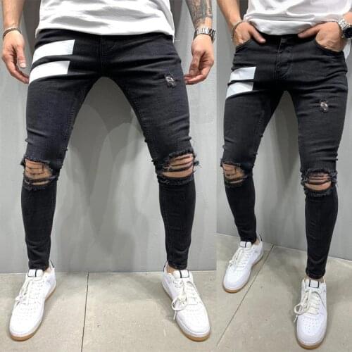 Men Skinny Jeans Beggar Ripped Jeans Stretch Zipper Denim Hip-hop Casual Men Jeans