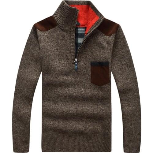 New Winter Mens Pullover Knitted Sweater Male Wool Fleece Thick Casual Pullover Patchwork Warm Pocket Sweater Standing Collar