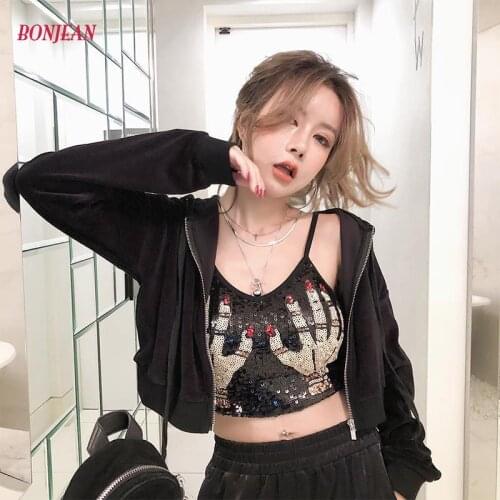 Sequined Tank Top Women Sexy 2020 Nightwear Glitter Nightclub Backless Rhinestone Metal Crystal Rivet Pearl Party Wear Crop Top