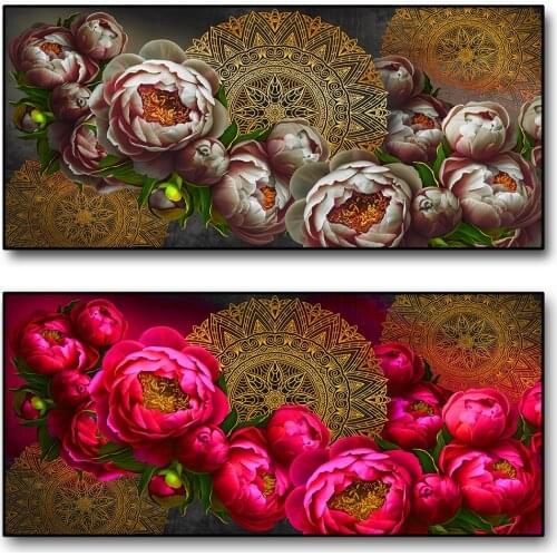 Vintage Pattern Art Canvas Painting Golden Mandala And Red Rose Flower Coexisting Wall Art Poster As A Living Room Decoration