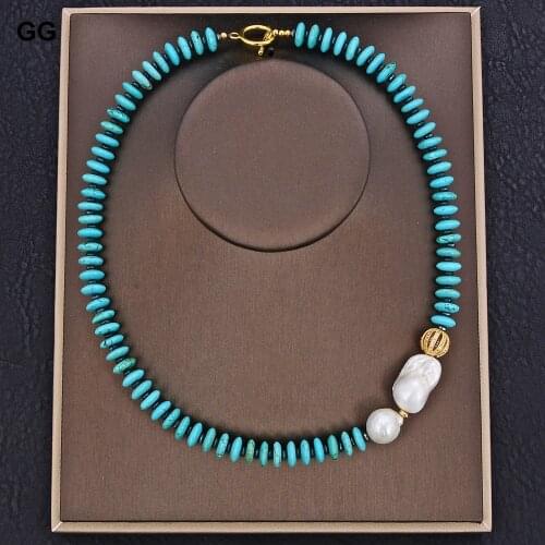 GuaiGuai Jewelry Freshwater Cultured White Keshi Pearl Blue Disc Turquoises Gems Stone Necklace 20"