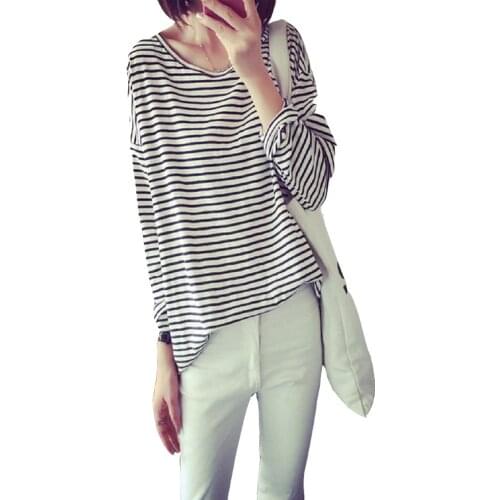 Korean Style Fashion Long Sleeve T-shirts Striped Casual Home Liesure Women Tees Fashion Round Neck Ladies Clothing Tops