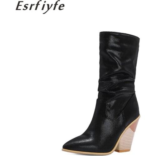 ESRFIYFE Pointed Toe Boots Women Leather Wedge High Heel Short Boots Chunky Cowgirl Winter Boots Women Christmas Western Boots