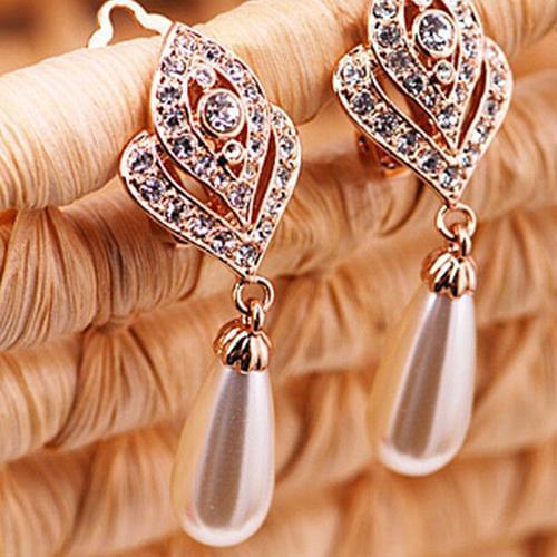 Womens Fashion Elegant Waterdrop Faux Pearls Rhinestone Long Tassel Dangle Crystal Charm Earrings Valentines Day present