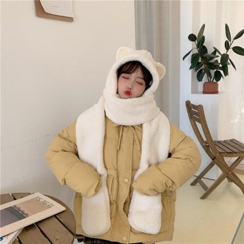 Women Fluffy Plush Warm 3 In 1 Hooded Scarf Hat Gloves Set Cartoon Cat Ears Winter Windproof Earflap Cap Pocket Mittens