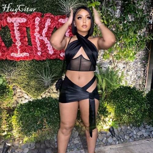 Hugcitar 2021 Sleeveless Halter Hollow Out Sexy Backless Tank Crop Top Pleat Skirt 2 Pieces Set Summer Women Streetwear Club Y2K