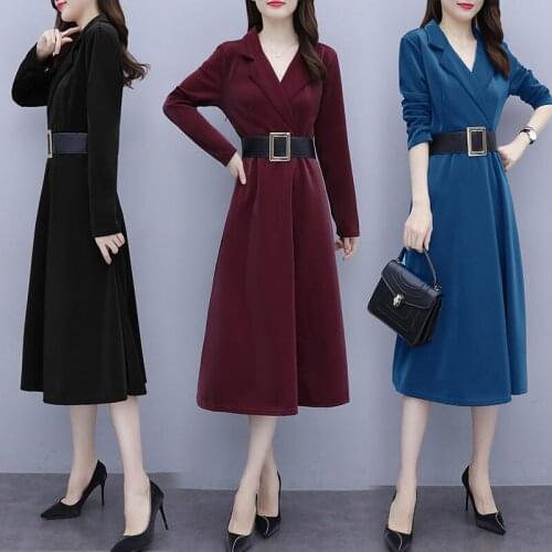 Womens 2020 New Autumn Clothes Large Size Long-sleeved Temperament Suit Collar Long Dress Office Lady Work Dress Vestido y171