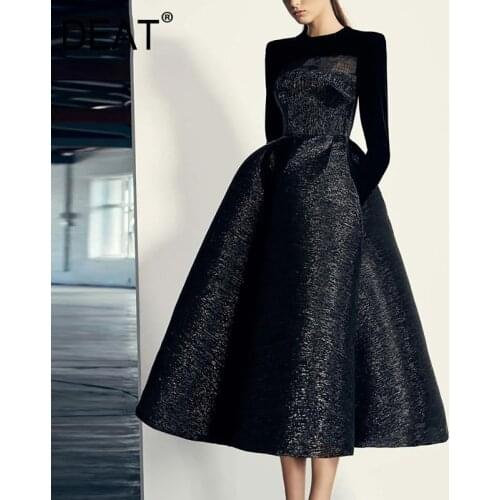 [DEAT] 2021 Spring New Fashion Tide Round NeckHigh Waist Knee-length Long Sleeve Solid Color Loose Elegant Dress Women 13C789