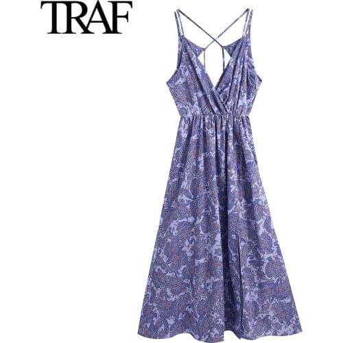 Traf Za Women Clothes Summer 2021 Gothic Vintage Print Medium Length Chic Loose Midi Dress Sleeveless Backless Bandage Dresses
