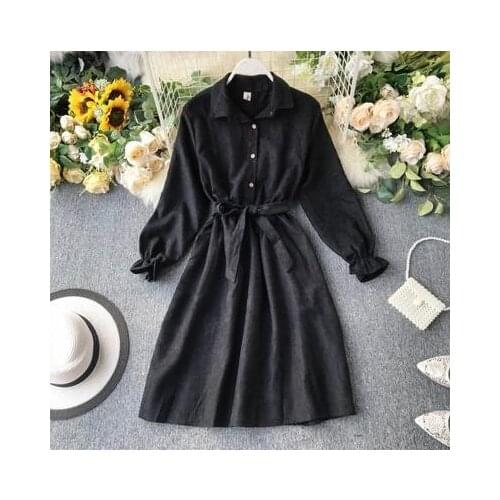 Womens autumn new fashion vintage A-line pure color dress one size chic slim sashes single breasted long dress TB3270