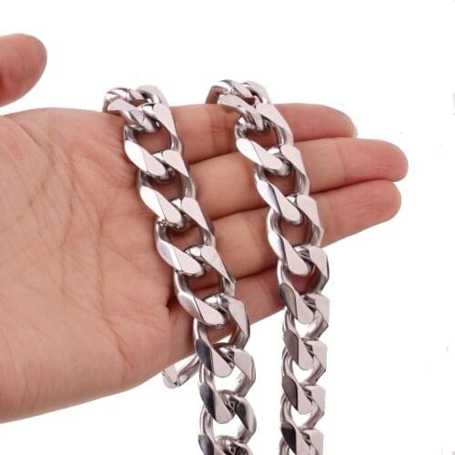 17mm Wide Curb Cuban Mens Necklace Chain Silver Color Stainless Steel Necklaces Or Bracelet for Men Fash ion Jewelry 7-40inch