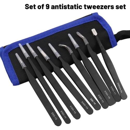 9pcs Anti-static Stainless Steel ESD Tweezers Maintenance Tools Industrial Precision Curved Straight Tweezers Repair Tools