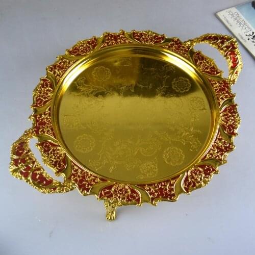 42cm large round silver gold plated antique embossed metal wedding tray decoration bandeja de postre vintage dessert tray 580