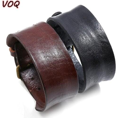 VOQ Vintage Single Layer Cowhide Leather Wide Wristband Adjustable Cuff Bangles for Men Women Friendship Bracelets pulseras