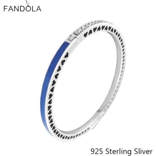 CKK 925 Sterling Silver Radiant Hearts, Princess Blue Enamel Bangles Original Jewelry Making Holiday Gift