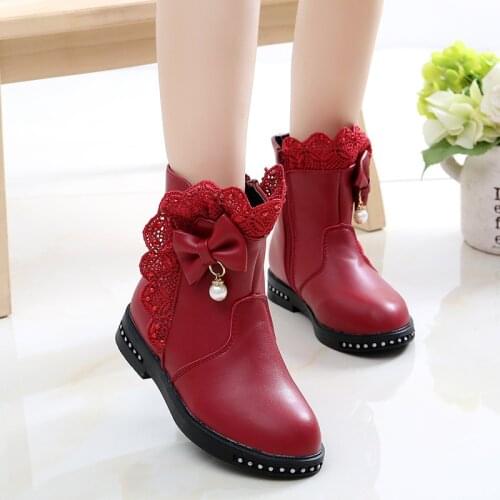 Bow Lace Kids Ankle Boots For Big Girls Winter Fashion Snow Boots Children Princess Non-Slip Shoes 4 5 6 7 8 9 10 11 12 Years