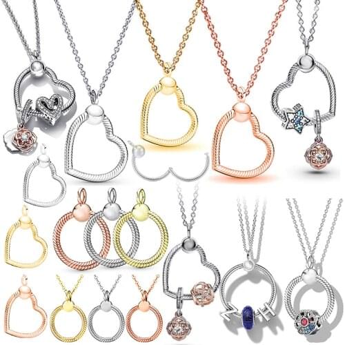 Classic Base Snake Chain Circle Heart Dangle Fit Original Pan Charms Bracelet for Women Ring Pendant Necklace Bangle DIY Jewelry