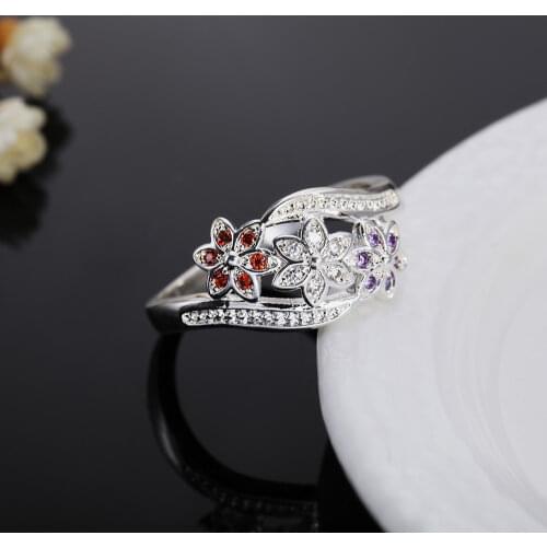 Hot 925 Sterling Silver color crystal flower Rings For Women size 6/7/8/9 charm Fashion Party Holiday gift wedding fine Jewelry