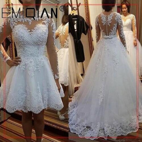 Vestido De Noiva Short Wedding Dress or 2 in 1 Wedding Dress Long Sleeves Lace Illusion Bridal Gowns