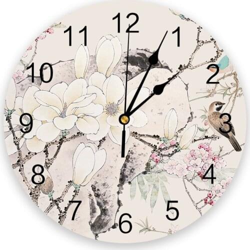 Chinese Style Flower Brid 3d Wall Clock Modern Design Farmhouse Decor Kitchen Vintage PVC Round Clock Living Room Decoration