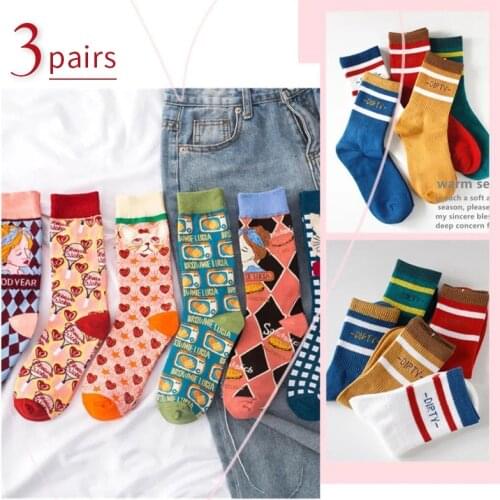 3 Pair Women Socks Cotton Vintage Preppy Style Trend Middle Tube With Pattern Kawaii Print Cat Anime Street Womens Socks Set