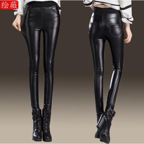 2020 new fall/winter stretch pu shiny black small feet pants high waist outer wear velvet leather pants KZ527