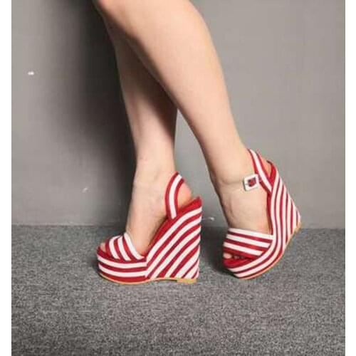 Summer New Sexy One Strap High Platform Wedge Sandals Ankle Strap Red White Wedge Sandals Super High Wedges Shoes Size52