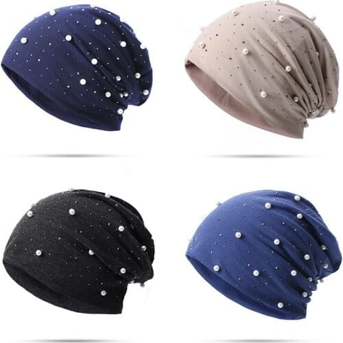 Autumn Women Hat Pearl Rhinestones Soft Cotton Girls Cap Beanies Casual Outside Turban Female Ladies Hat