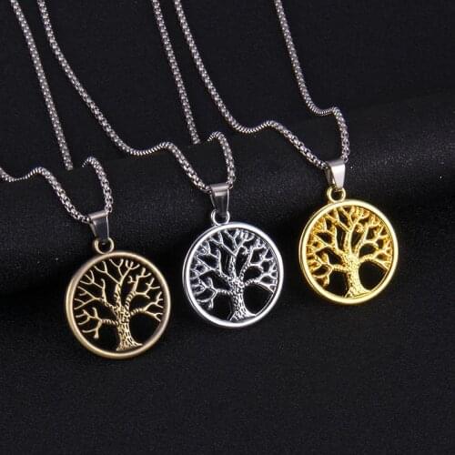 New retro personality tree of life stainless steel necklace for men and women couples hollow gold pendant long clothing accessor