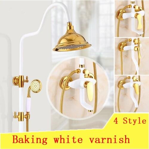 Gold Plated Bathroom rainfall shower faucet suit hot cold water tap , Antique wall mounted shower room mixing valve faucet set
