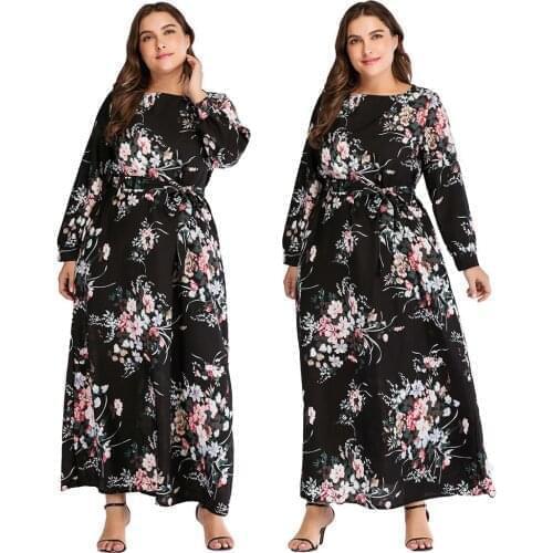 Plus Size Women Floral Abaya Muslim Printed Long Maxi Dress Islamic Holiday Party Gown Dubai Kaftan Caftan Arab Vintage Abayas