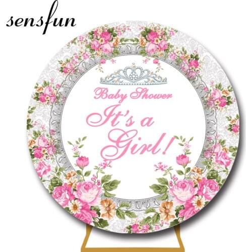 Sensfun Pink Flowers Girls Baby Shower Round Backdrop Crown Its A Girl Gender Reveal Party Circle Photography Background Custom
