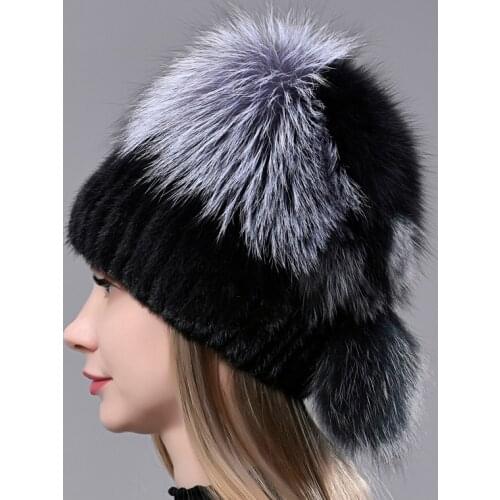 Knitted Fur Hat For Women Winter Natural Mink Fur Caps Fox Pompom Fur Hats With Balls Stylish Warm Fashion Girls Real Fur Hats