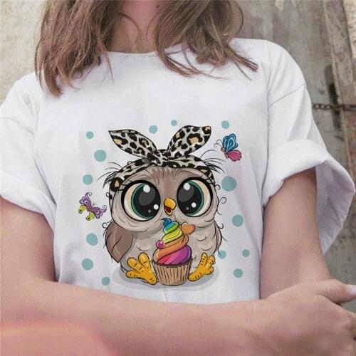 2021 Summer New Tops Trend Cute Owl print ladies T-shirt casual basics O-collar white shirt short sleeve ladies Tshirt,Drop Ship