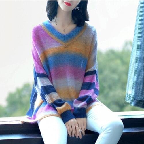 Women Rainbow Striped Pullover Sweaters 2018 Autumn Winter Fashion Colorful Oversized Loose V-neck Knitted Jumpers FP1330