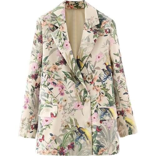Womens Floral Print Blazer Coat Vintage Double Breasted Long Sleeve French Fashion Female Chic Tops