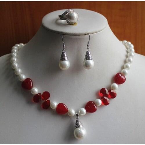 Hot sale New Design WomenS White Pearl Red stone Necklace Earring Ring(7/8/9)Jewelry Set