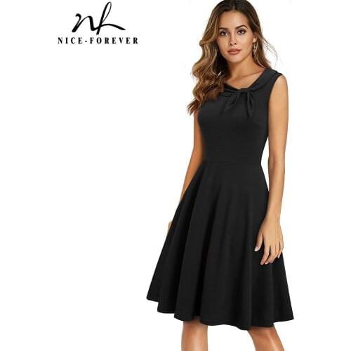 Nice-forever Summer Women Solid Color with Bow Elegant Sleeveless Dresses Party Retro Flare Swing Dress A275