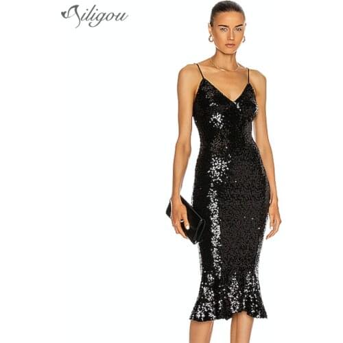 Ailigou 2021 Summer New Sling Bodycon Black Fishtail Dress Ladies Sexy Sleeveless Sequin Club Celebrity Banquet Dress Vestidos
