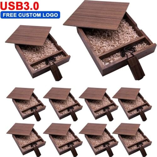10pcs/lot Wooden Free Custom Logo Wood USB3.0 + Box Flash Drive 4GB 8GB 16GB 32GB 64GB 128gb Wedding Gift Flash Memory Pen Drive