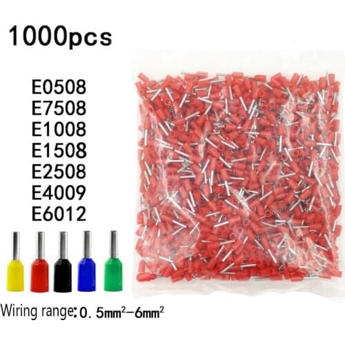 1000pcs/Pack E0508 E1008 E1508 E2508 E4009 Copper Tube Insulated Ferrules Terminal Wire Connector Electrical Crimp Terminator